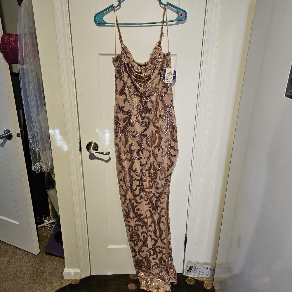 Windsor Rose Gold floor length high left thigh slit.  Sparkle thin strap dress